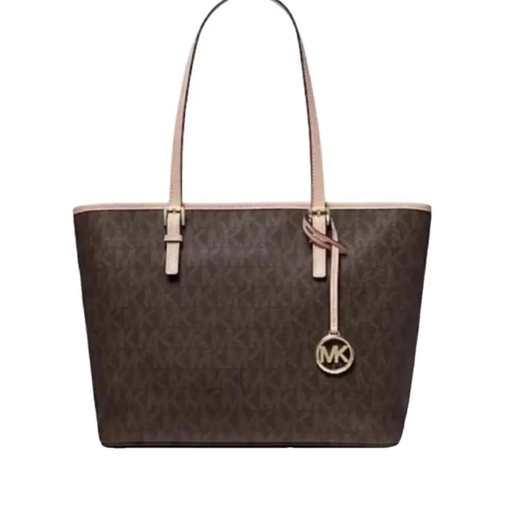 Michael Kors Brown Monogram Tote with Pink Trim